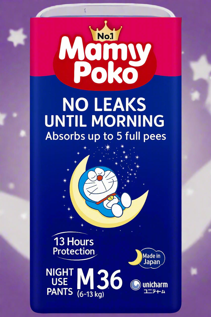 MamyPoko Doraemon Night Pants M 36pcs (6–13kg) English Packaging – Translated Design for Easy Understanding, Overnight Absorption, Japanese Quality