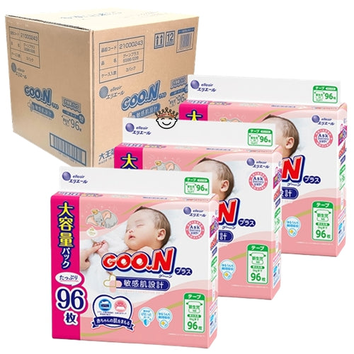 3-Pack GOO.N Plus Premium Nappy Size Nb for Newborn-5kg Sensitive Skin Babies Super Jumbo Pack 96 Pieces Carton Sale