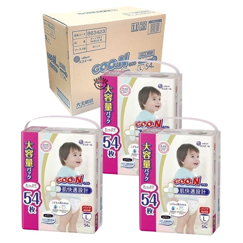 3-Pack GOO.N Plus Premium Skin Comfort Nappy Pants - Size L (9-14kg) for Sensitive Skin Babies - Super Jumbo Pack (54 Pcs)