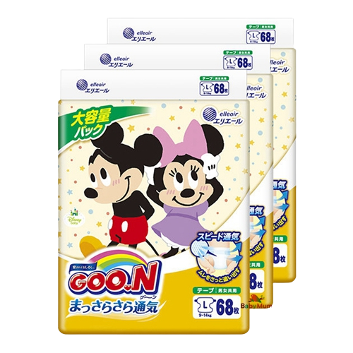 GOO.N Disney Ultra Dry Smooth Breathable Nappy Size L - 3 Packs (68Pk) for 9-14kg Babies