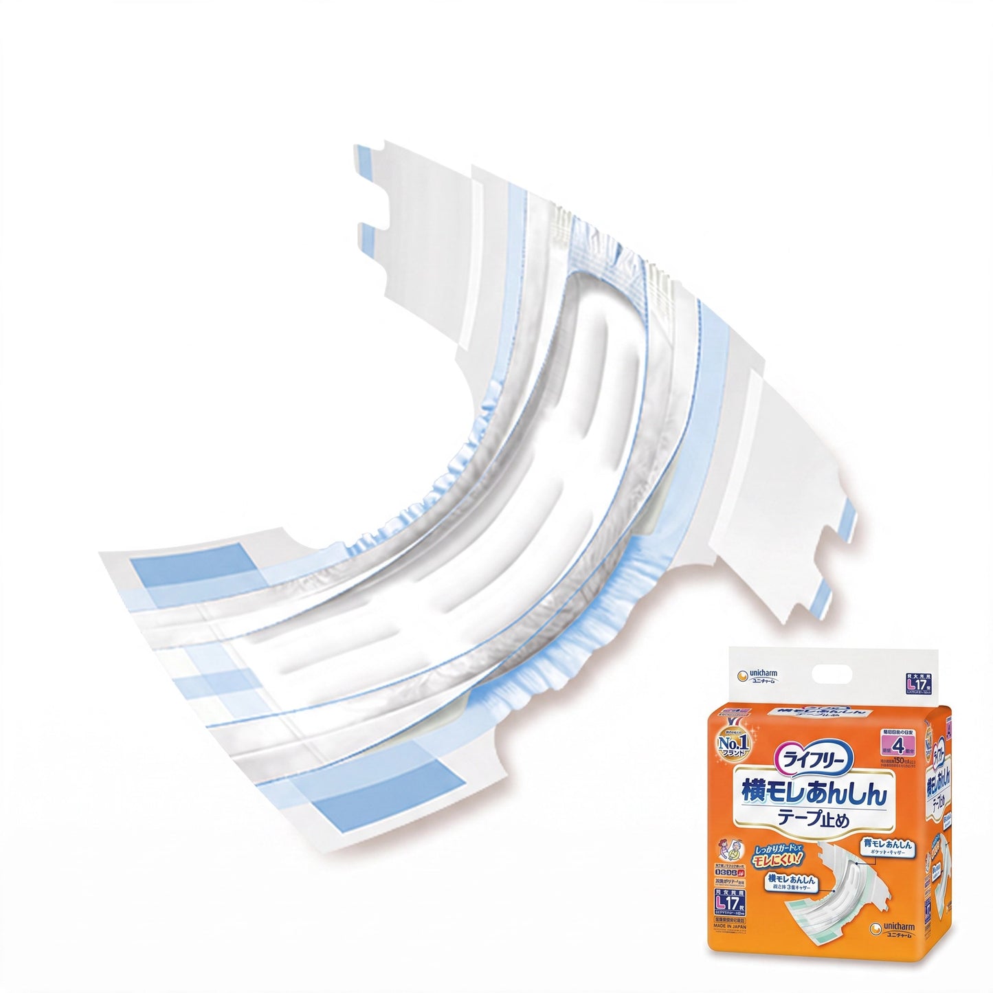 Unicharm Lifree Side Leak Protection Tape Nappy – 1 Piece Trial Sample – 4x / Approx. 600mL