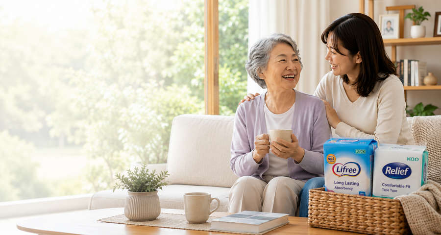 A family carer spending time with an older adult at home