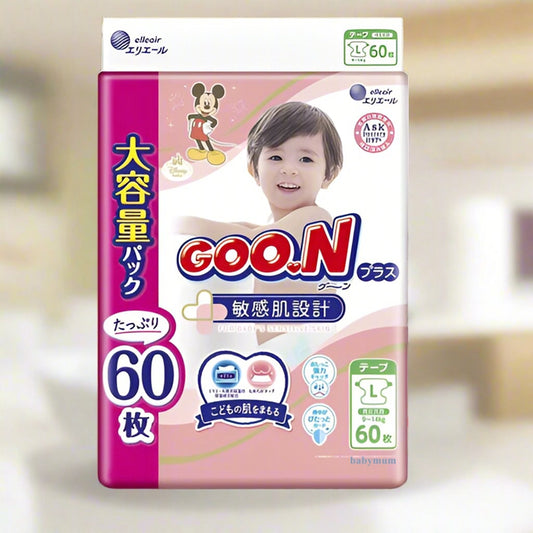 GOO.N Plus Premium Baby Nappies Tape Size L (9-14kg) – 60 Pack Super Jumbo – Unisex, Hypoallergenic for Sensitive Skin – Japan Quality