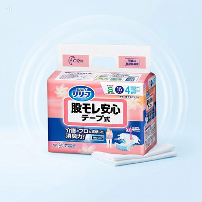 Kao Relief Secure Adult Incontinence Tape Briefs (Size S, 55–85cm) – Bulk Carton (64pk) | High Absorption & Triple Leak Guard | Made in Japan | Fast Australian Shipping