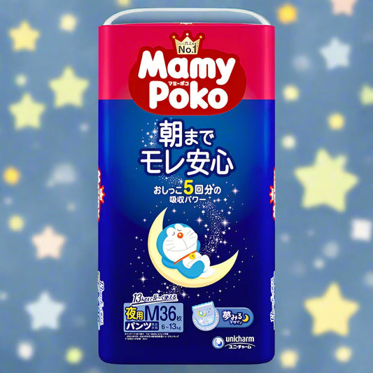 MamyPoko Doraemon Night Pants M 36pcs (6–13kg) Japanese Packaging – Authentic Made in Japan Baby Diapers with 13-Hour Leak Protection