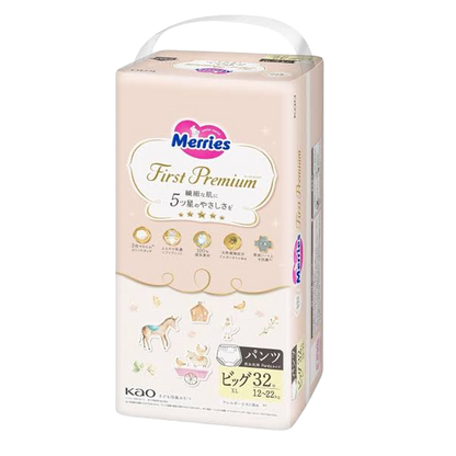 Merries First Premium baby pants diapers in a large size pack, size 32, featuring a pastel pink and white package with illustrations of a horse and a carriage.