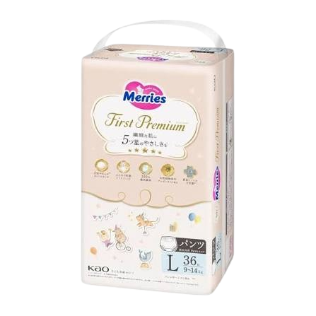 Merries First Premium Baby Nappy Pants Size L (9-14kg) – Carton of 144 (4 x 36 Pack) | Made in Japan