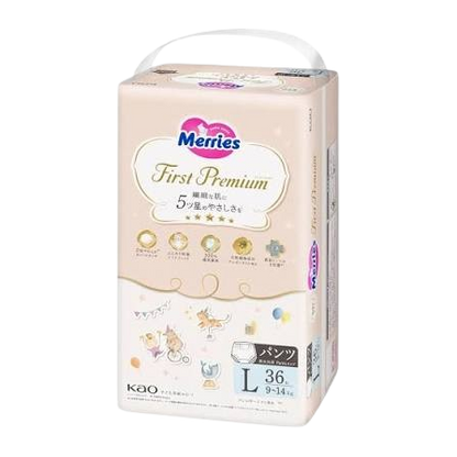 Merries First Premium Baby Nappy Pants Size L (9-14kg) – Carton of 144 (4 x 36 Pack) | Made in Japan