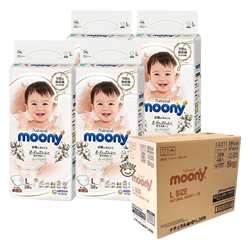 Natural Moony Organic Cotton Nappies L for 9-14kg Babies - 38 -Pack | Hypoallergenic & Allergy-Resistant | Carton Deal: 4 Packs (152 Pieces)