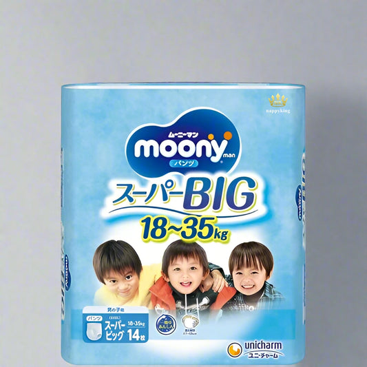 Moony Man Unicharm Super Big XXXL Pants Nappies for Boys 18–35kg, 14 pieces pack, premium Japanese nappies available in Australia.