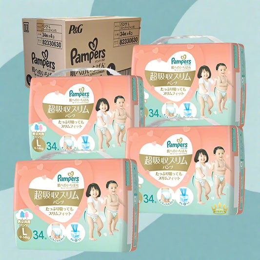 Carton Deal 4 Packs(136 Pieces) Pampers Premium Super Absorbent & Super Slim Nappy Pants Size L (9-14kg)|Best for Sensitive Skin Babies