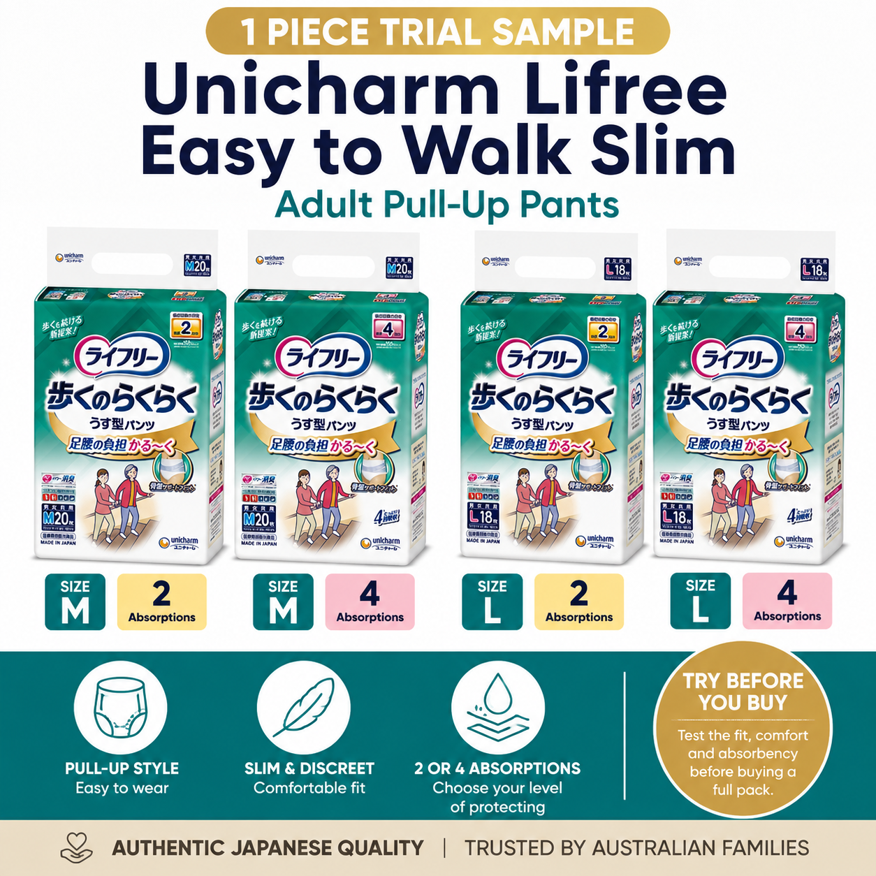 Unicharm Lifree Easy to Walk Slim Adult Pull-Up Pants – 1 Piece Trial Sample