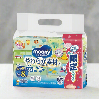 Unicharm Moony Baby Wipes 76x8 sheets, 99% pure water, alcohol & fragrance free, cashmere soft, Japan's No.1