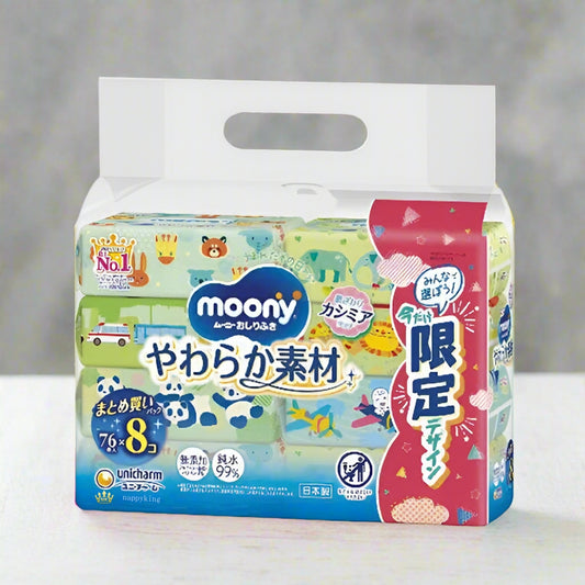 Unicharm Moony Baby Wipes 76x8 sheets, 99% pure water, alcohol & fragrance free, cashmere soft, Japan's No.1