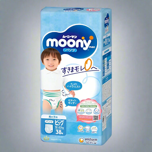 Unicharm Moony Man XL Nappy Pants for Boys 12-22kg, Fully High Waisted, Additive-Free, 38 Pieces